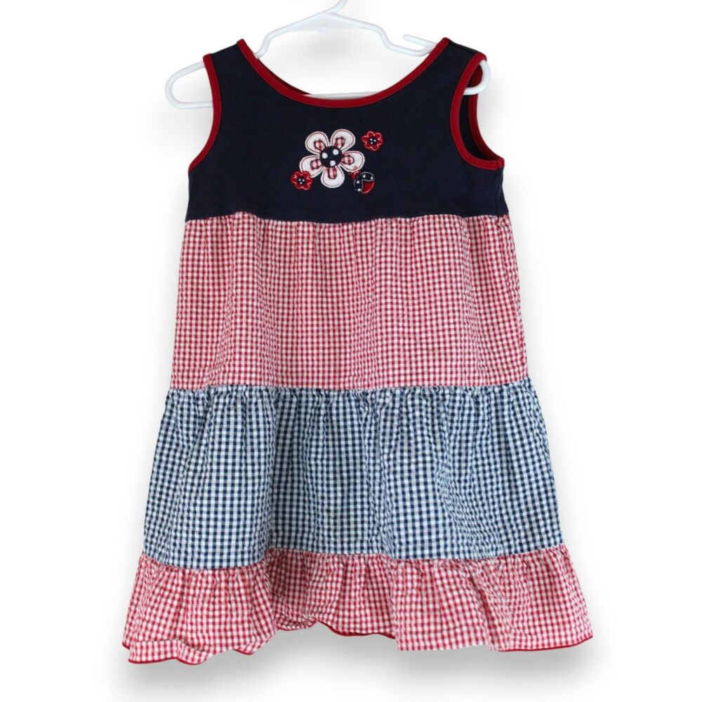 Sparkle Rose Patriotic Gingham Dress Girls 4T Red White Blue Tiered July 4th